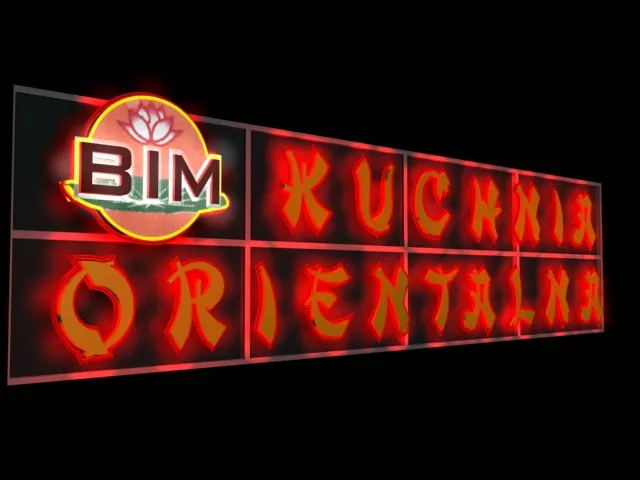 Podświetlany napis „Kuchnia Orientalna” nad wejściem do lokalu, nocą